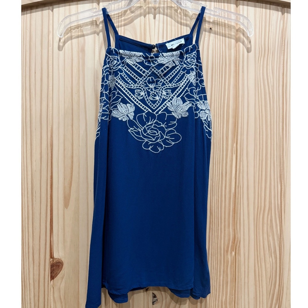 Eyeshadow Navy Blue Floral Embroidered Halter Tank Top Boho Rayon Blouse Medium